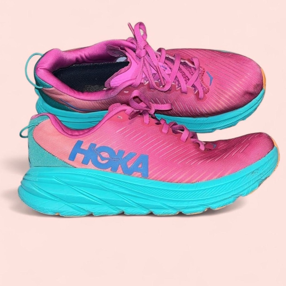 Hoka Pink and Blue Athletic Shoes with Cushioned Midsole